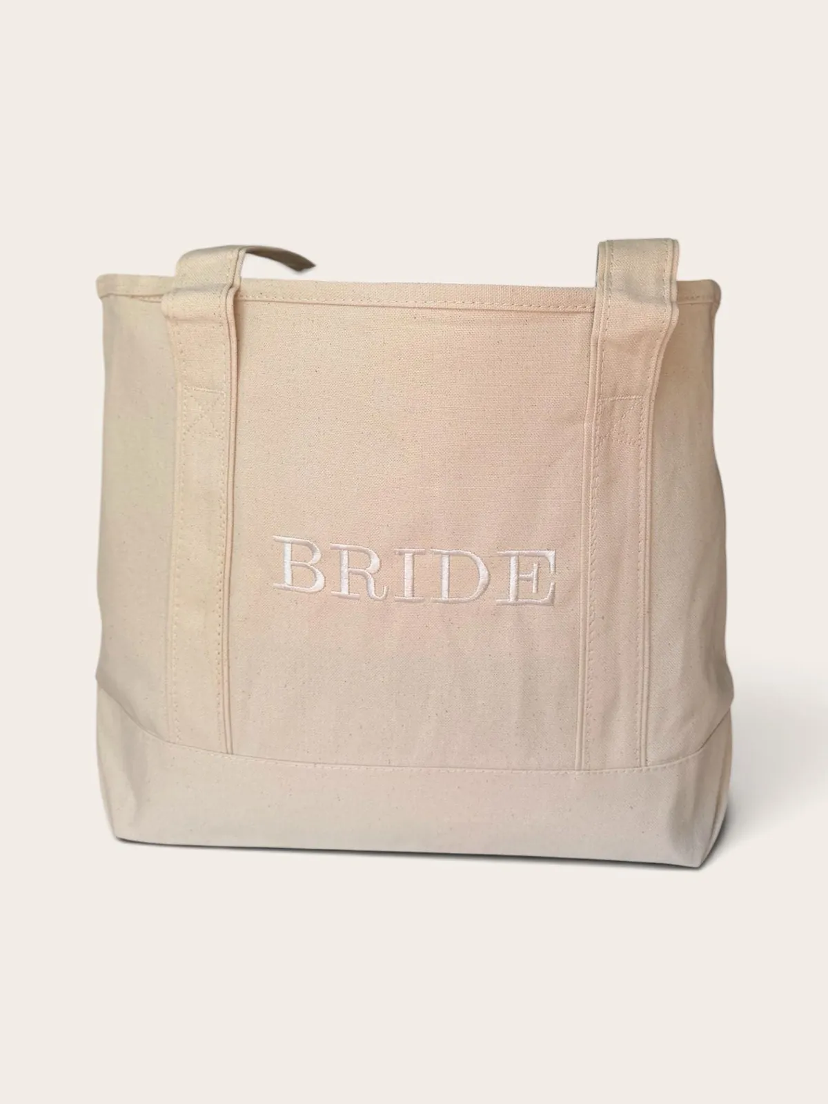 Canvas tote with BRIDE embroidered in white thread